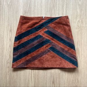 Blank NYC Rust Suede Mini Skirt with Navy and Brown Chevron Stripes